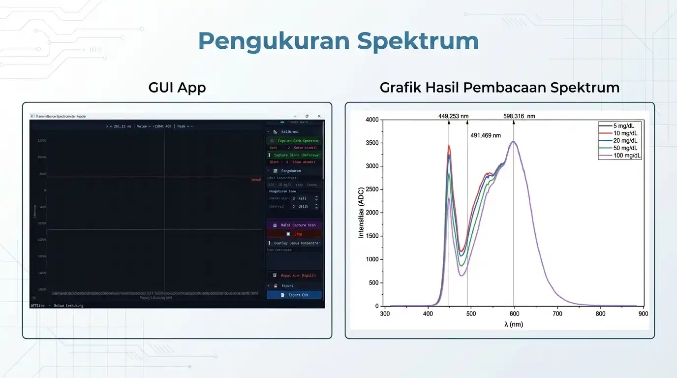 Tampilan Aplikasi GUI Spektrometer Transmitansi dan Grafik Hasil Pengukuran